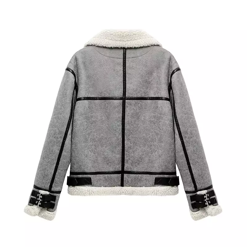 2023 men's and Unisex new gray thick lapel fur one fleece double-sided jacket Warm men's motorcycle jacket top