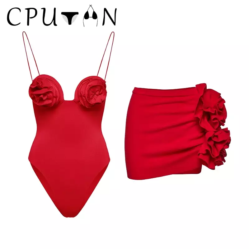 2023 Sexy One Piece Swimwear Skirt Women Vintage Push Up Ruched Swimsuit Solid Red Beach Wear Summer Bathing Suit Dress