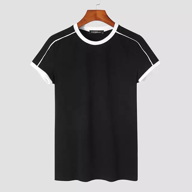 2023 Summer Men Patchwork Marian T Shirt Round Neck Short Sleeve Fitness Tops