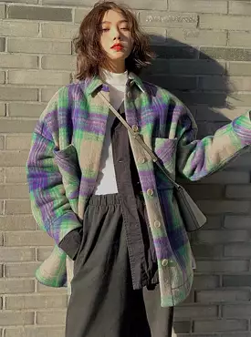 Ashore Shop Autumn Winter Loose Casual Colorful Plaid Woolen Jacket Women