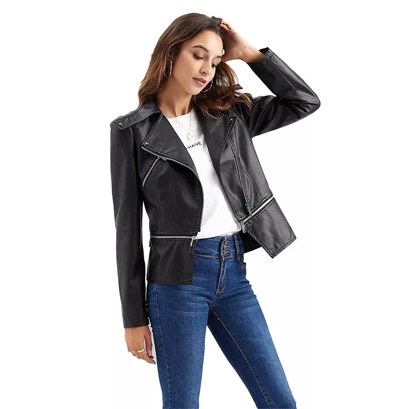 Ashore Shop Gothic Soft Leather Women Autumn Jacket Black Moto Jacket Zippers Long Sleeve Female PU Faux Bblack Leather Jacket P