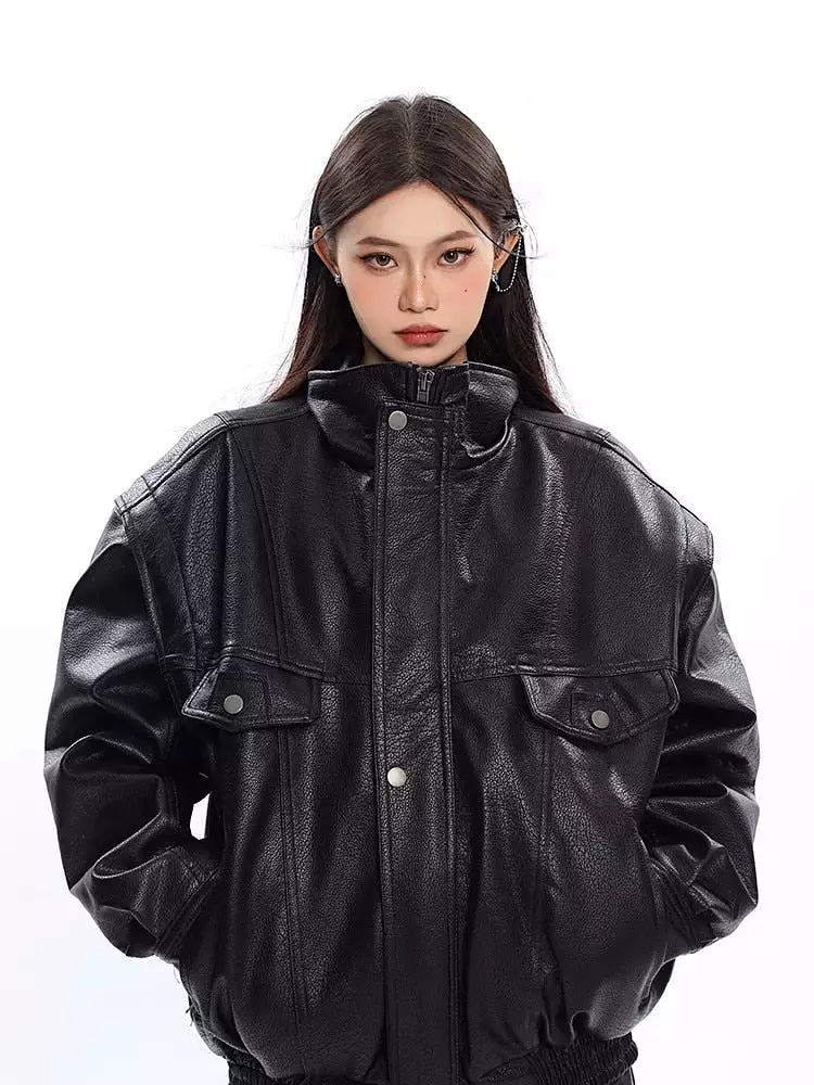 Ashore Shop Spring Autumn Oversized Cool Windproof Thick Black Pu Leather Jacket Women Zip Up Luxury Designer Unisex Clothes 202