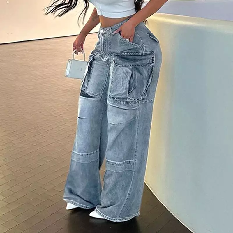 Ashore Shop Womens Denim Oversized Cargo Denim Jeans Pockets Button Fashion Pants High Waist All-match Women Casual Trousers Hip