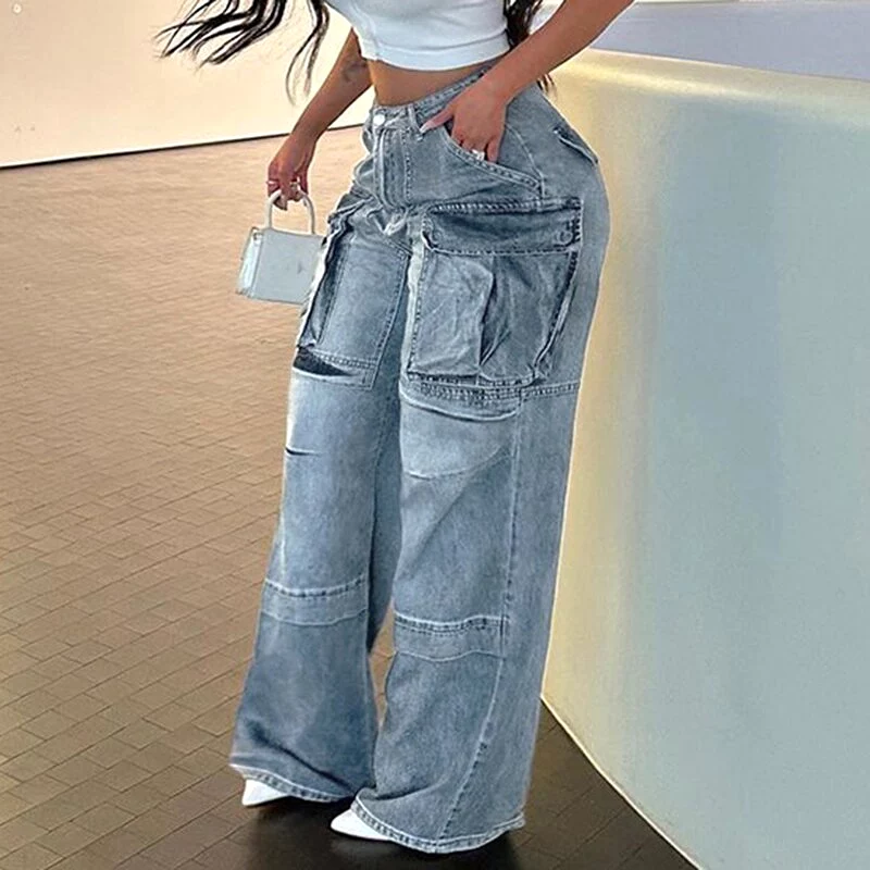 Ashore Shop Womens Denim Oversized Cargo Denim Jeans Pockets Button Fashion Pants High Waist All-match Women Casual Trousers Hip