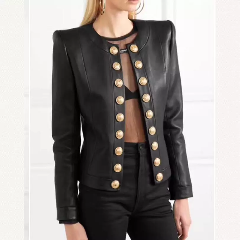 AshoreShop Women's Double Breasted Soft Leather Metal Button Jacket