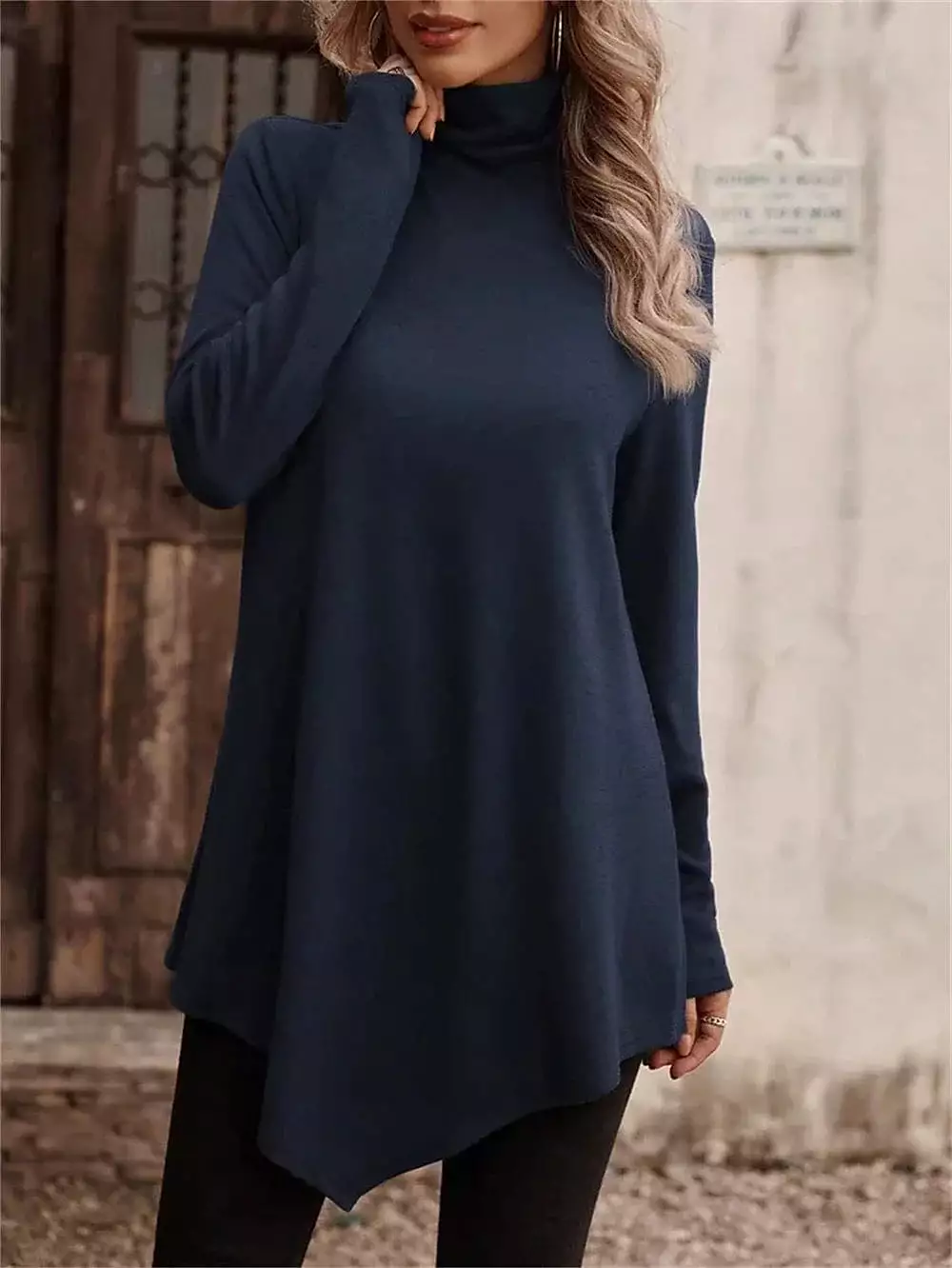 Asymmetrical Long Sleeve Women's Turtleneck T-shirt