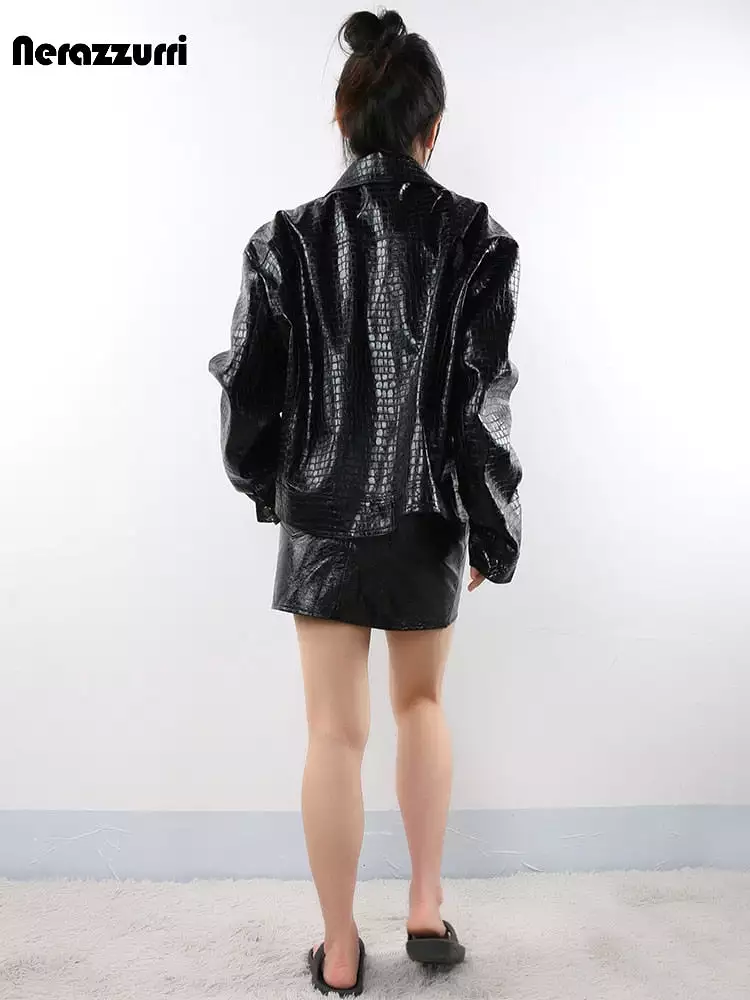 Autumn Short Oversized Black Crocodile Print Patent Pu Leather Jacket Women Luxury Designer Unisex Clothes Men 2023