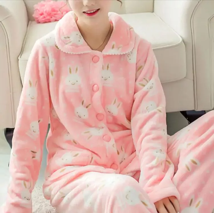 Autumn Winter Cute Women's Pajamas Set Plus Velvet Sleepwear Suit Coral Fleece Cartoon Thick Warm Pajama Animal Home Clothes X21