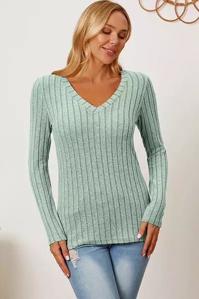 Basic Bae Full Size Ribbed V-Neck Long Sleeve T-Shirt