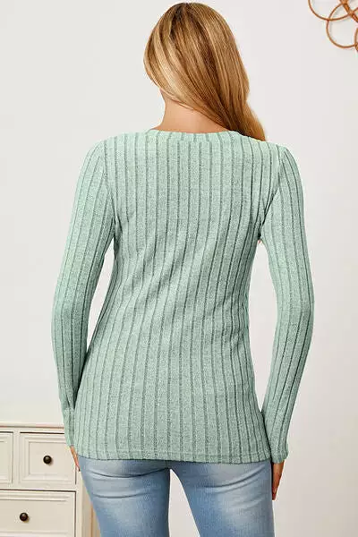 Basic Bae Full Size Ribbed V-Neck Long Sleeve T-Shirt