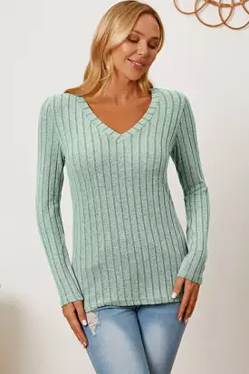 Basic Bae Full Size Ribbed V-Neck Long Sleeve T-Shirt