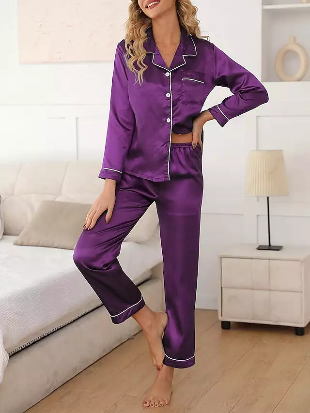 Black Champagne Lapel Long Sleeve Satin Pajamas Set for Women with Button Pockets