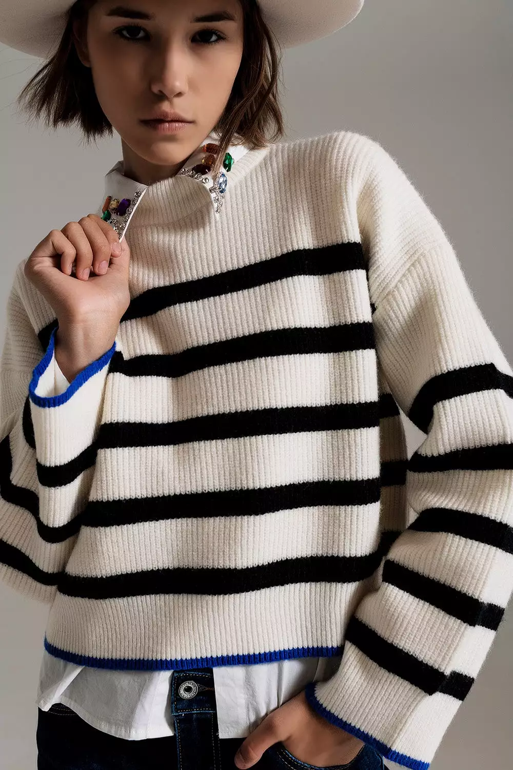 Black Striped Jumper with Blue Stripe Detail on the Bottom