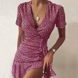 Bohemian Drawstring Dress Women Ladies Sexy Polka Dot Floral Print V-neck Lace-up Dress Party Dresses Vintage Beach Dresses