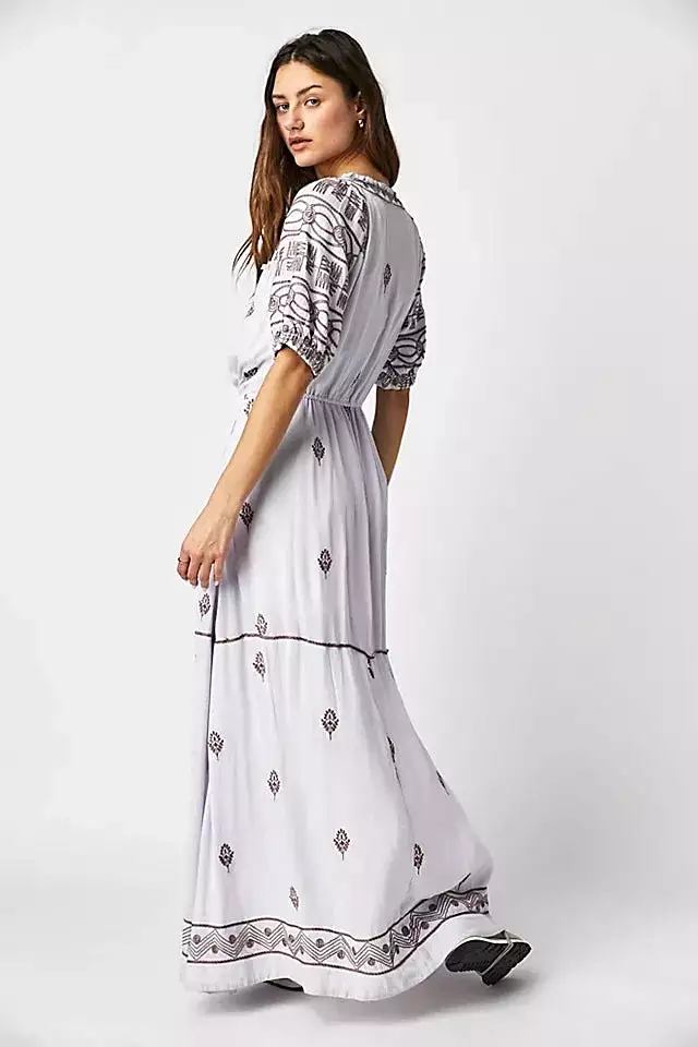 Boho Beach Robe Drawstring Waist Vestidos Vintage V Neck Long Dress Summer Floral Embroidery Cotton Dresses for Women