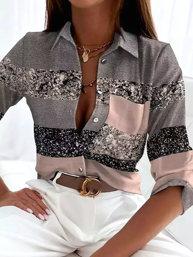 Color Block Women's Shirt Blouse in Black and Gray Print