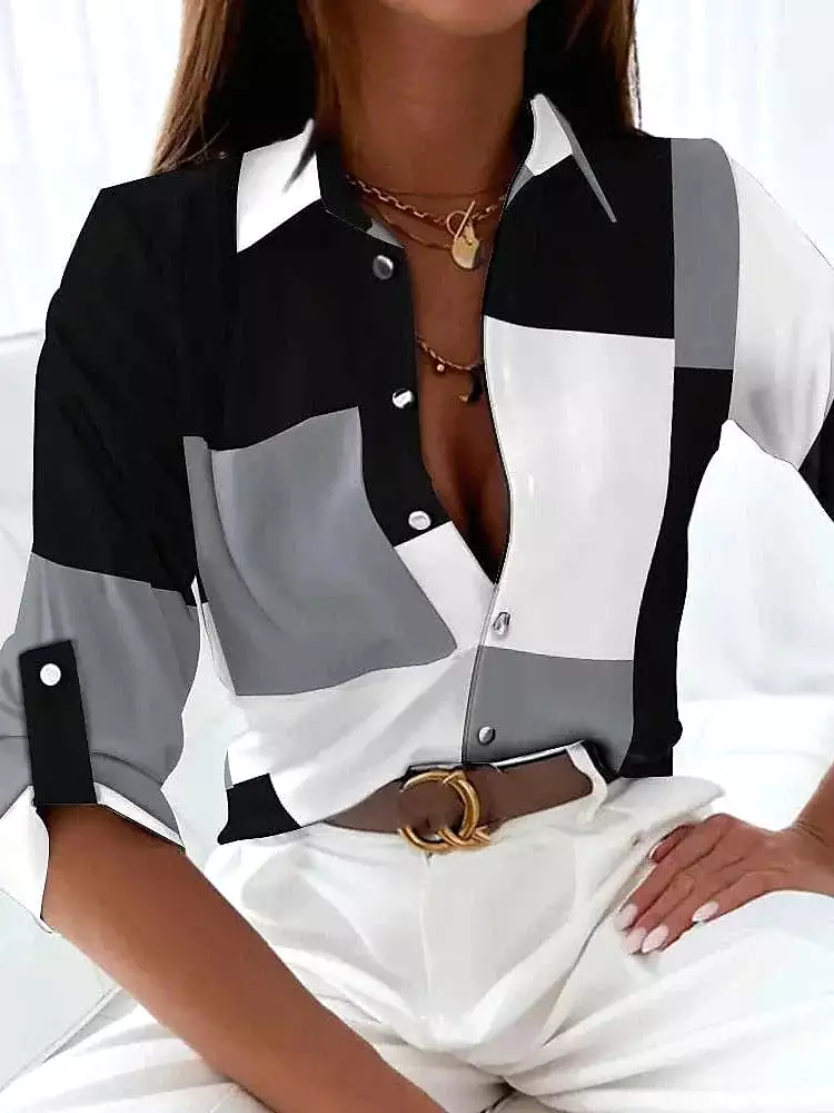 Color Block Women's Shirt Blouse in Black and Gray Print