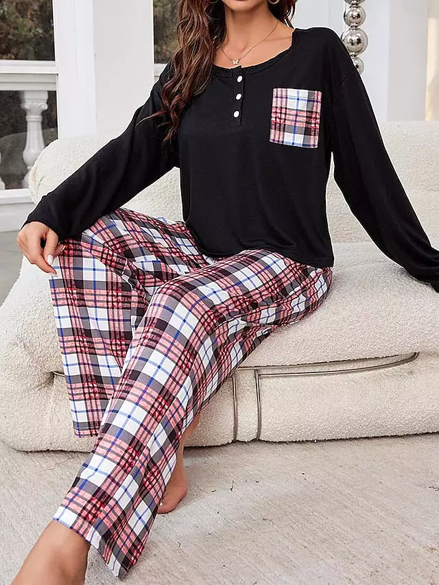 Cozy Women's Flannel Pajamas Set with Grid / Plaid Design and Crew Neck T-shirt for Comfortable Fall and Winter Lounge