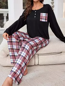 Cozy Women's Flannel Pajamas Set with Grid / Plaid Design and Crew Neck T-shirt for Comfortable Fall and Winter Lounge