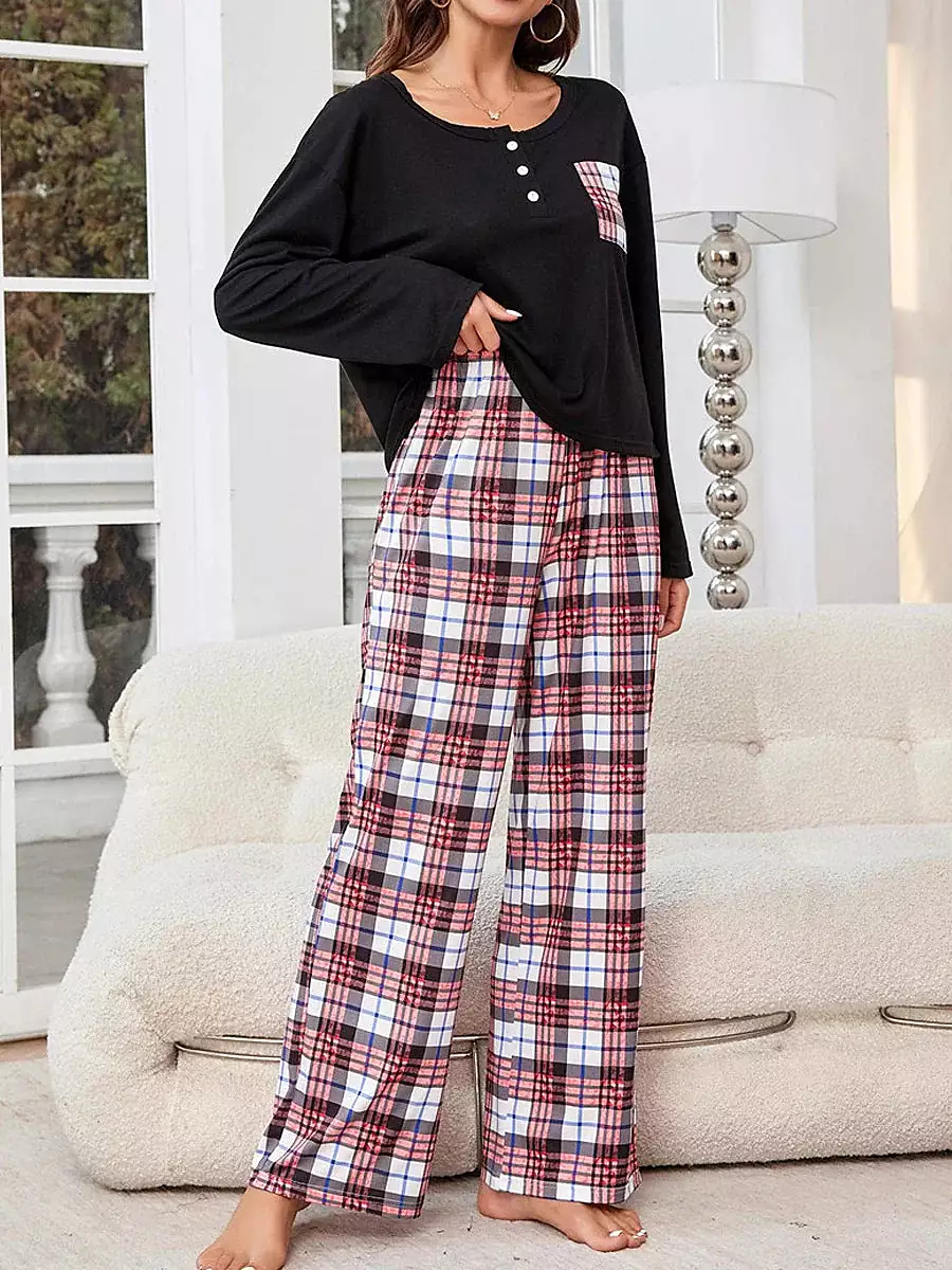 Cozy Women's Flannel Pajamas Set with Grid / Plaid Design and Crew Neck T-shirt for Comfortable Fall and Winter Lounge