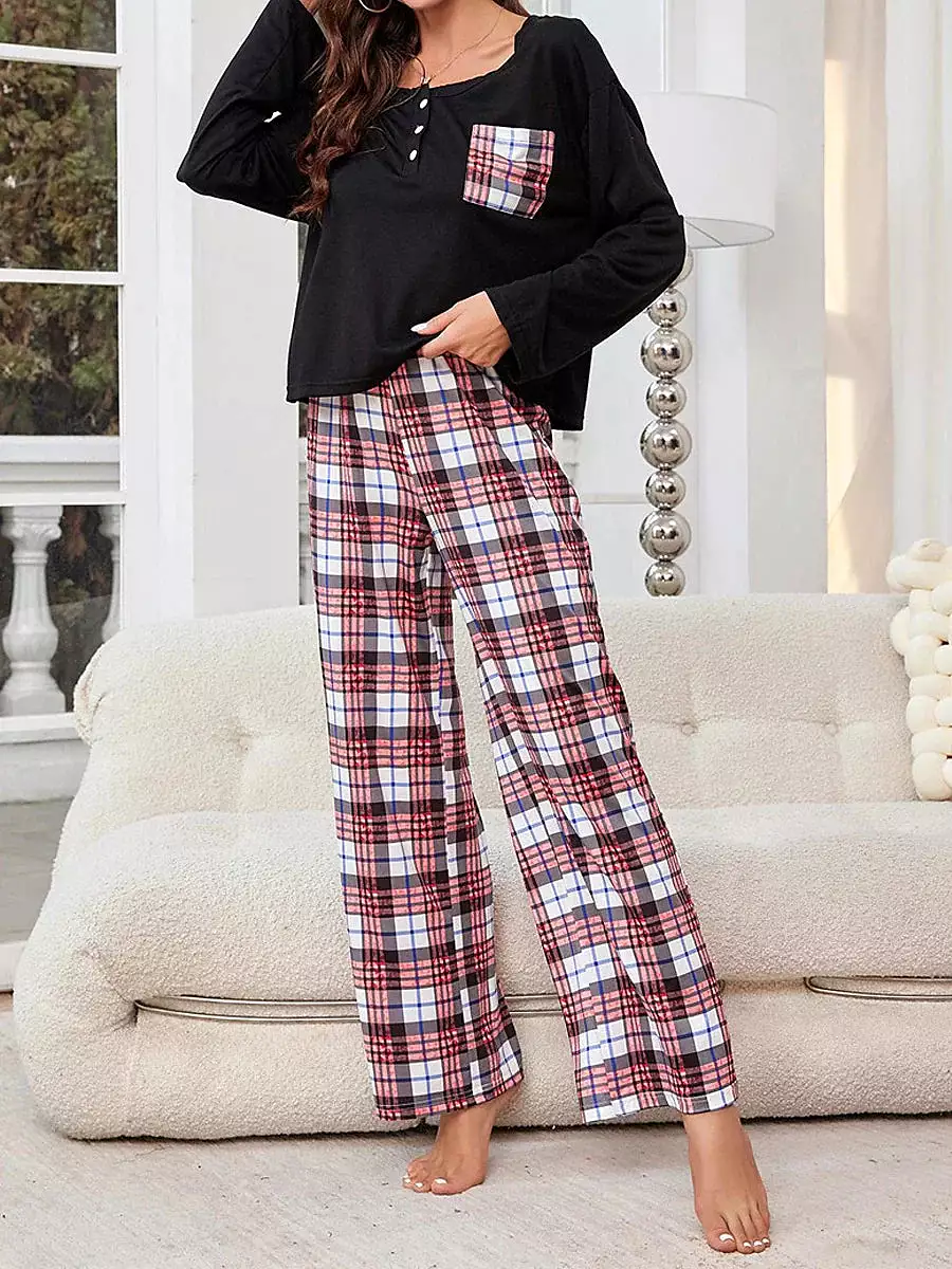 Cozy Women's Flannel Pajamas Set with Grid / Plaid Design and Crew Neck T-shirt for Comfortable Fall and Winter Lounge