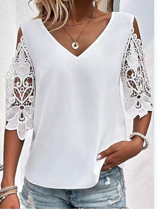 Elegant Women's Lace Shirt Blouse with V Neck and Eye-Catching Print