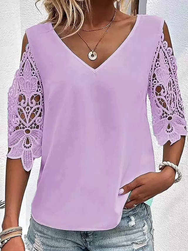 Elegant Women's Lace Shirt Blouse with V Neck and Eye-Catching Print