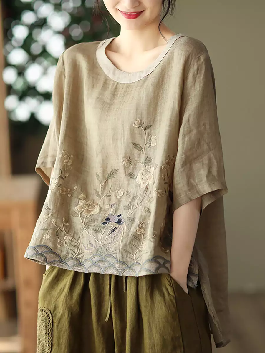 Embroidery Ramie Casual Autumn Women T Shirt