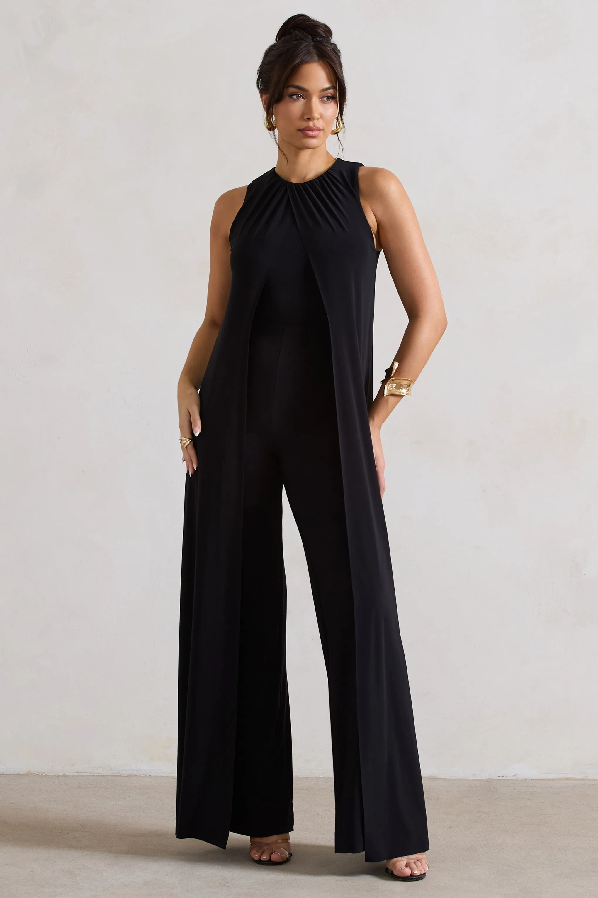 Essence | Black High-Neck Wide-Leg Jumpsuit With Cape