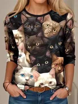 Feline Fashion Long Sleeve 3D Cat Print T-shirt for Women