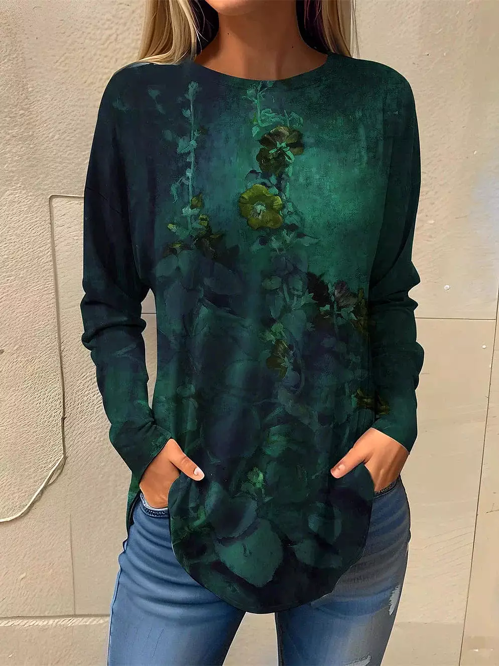 Floral Print Long Sleeve Women's T-Shirt: Blue, Purple, and Green