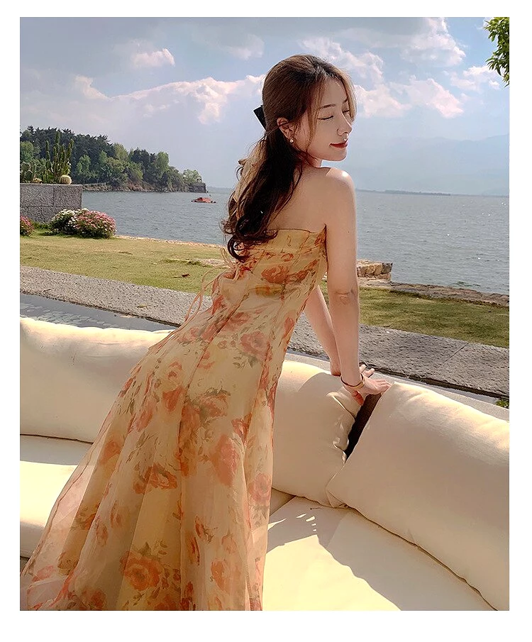 French Vintage Dress Women Elegant Backless Floral Halter Neck Midi Dress Summer Chiffon Holiday Beach Dresses for Women 2022