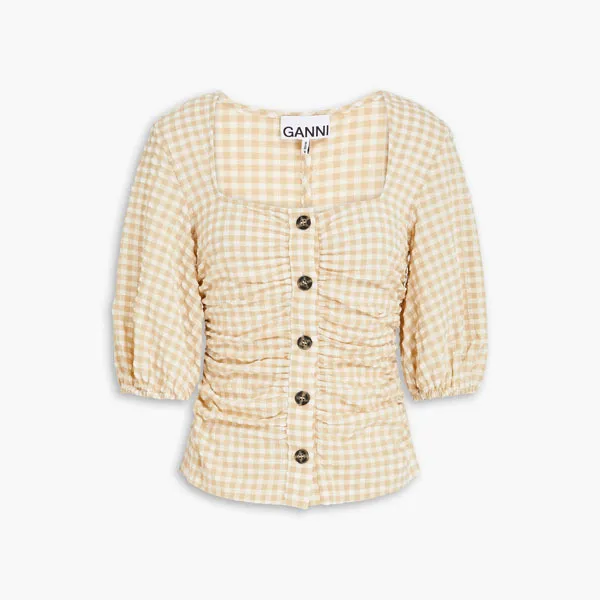 Ganni  |Gingham Blended Fabrics Short Sleeves Shirts & Blouses