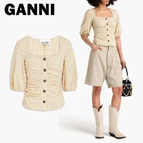 Ganni  |Gingham Blended Fabrics Short Sleeves Shirts & Blouses