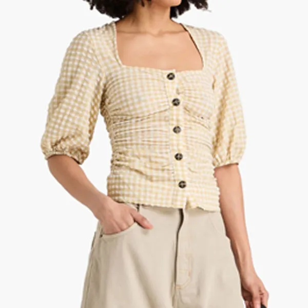 Ganni  |Gingham Blended Fabrics Short Sleeves Shirts & Blouses