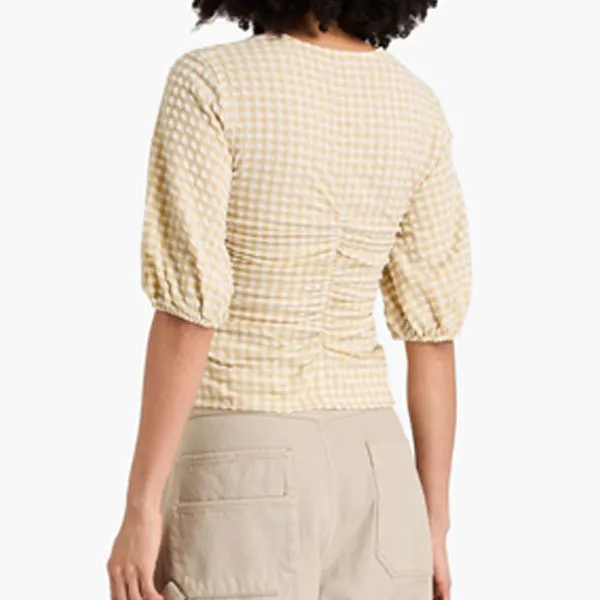 Ganni  |Gingham Blended Fabrics Short Sleeves Shirts & Blouses