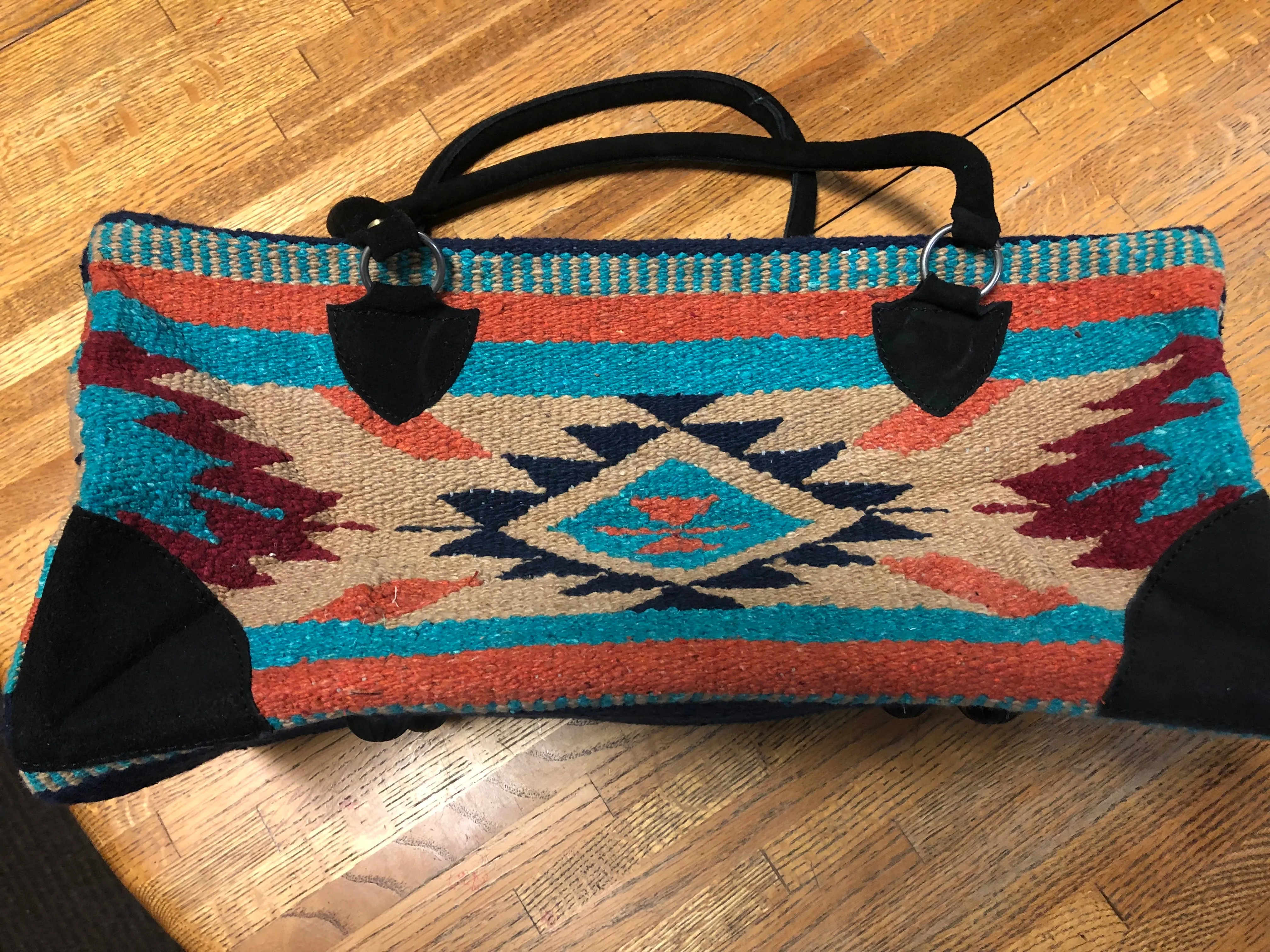 Handwoven Recycled Acrylic weekender bag.  18” x 8” wide, 8” tall.