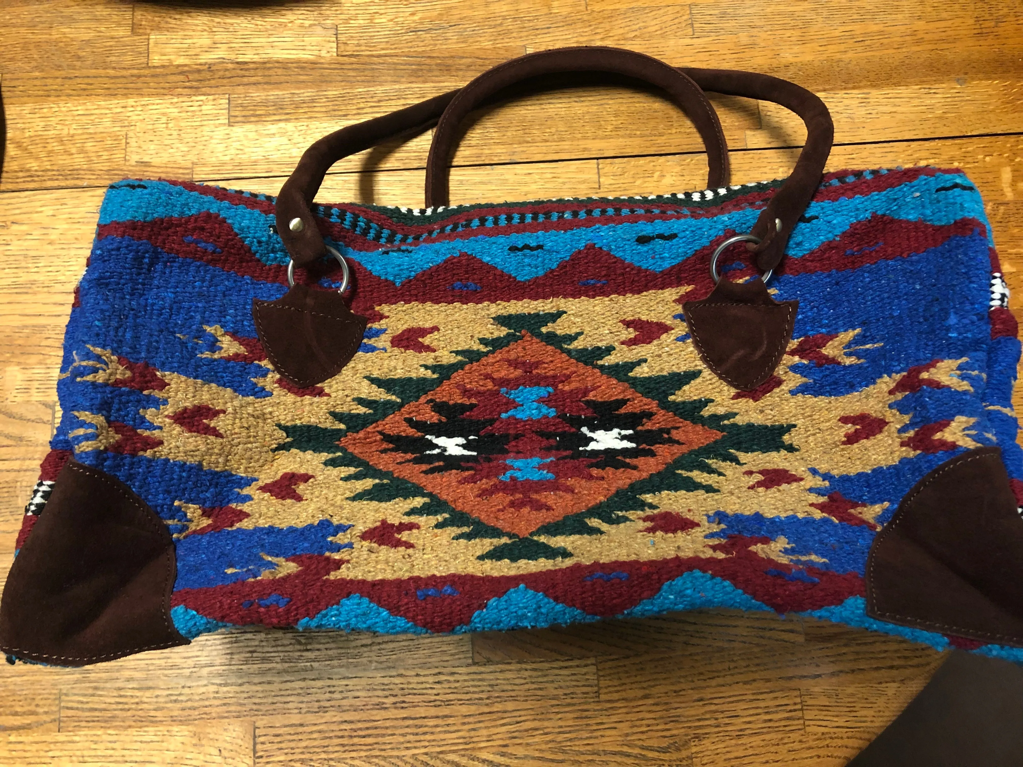 Handwoven Recycled Acrylic weekender bag.  18” x 8” wide, 8” tall.