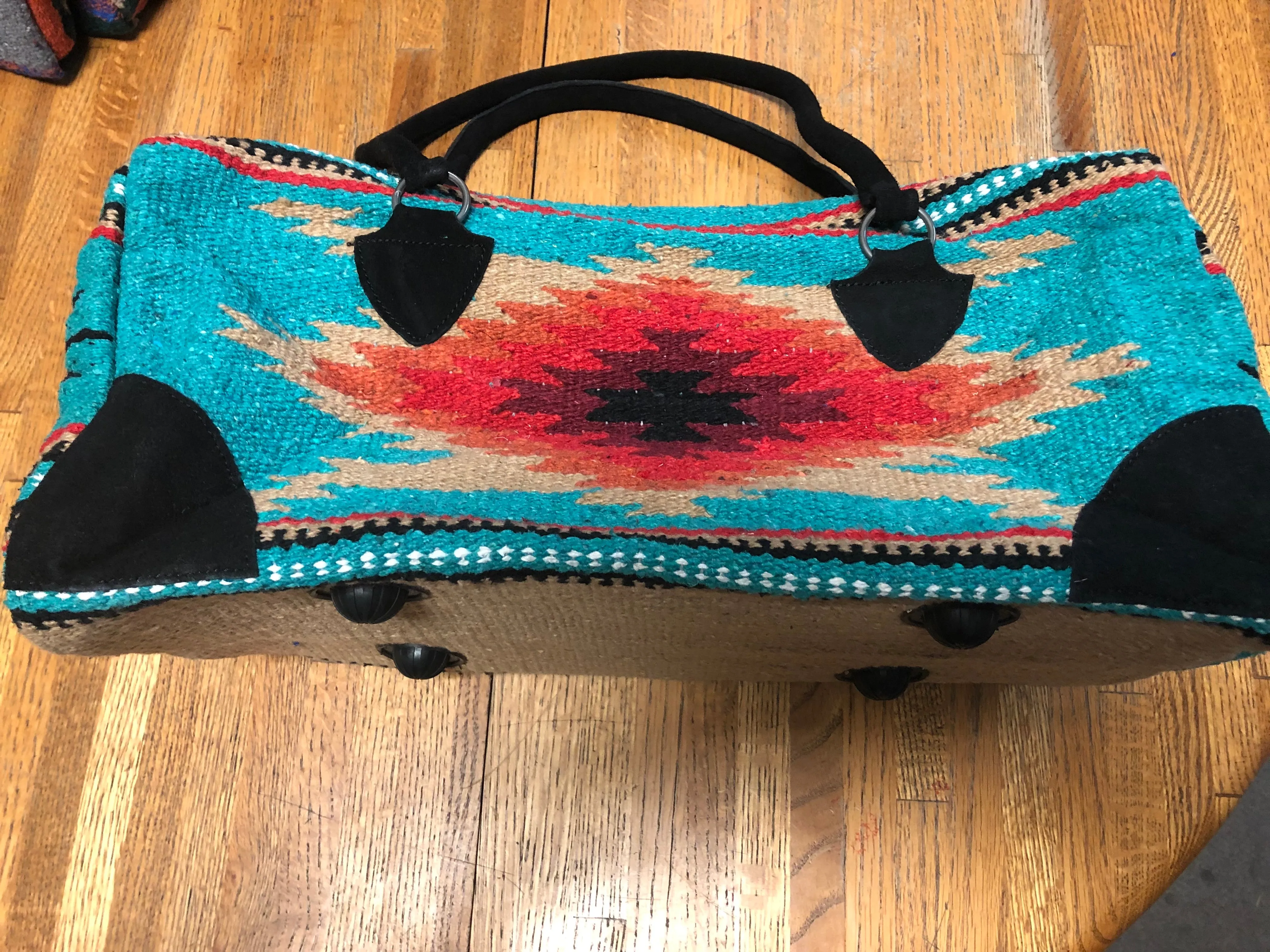 Handwoven Recycled Acrylic weekender bag.  18” x 8” wide, 8” tall.