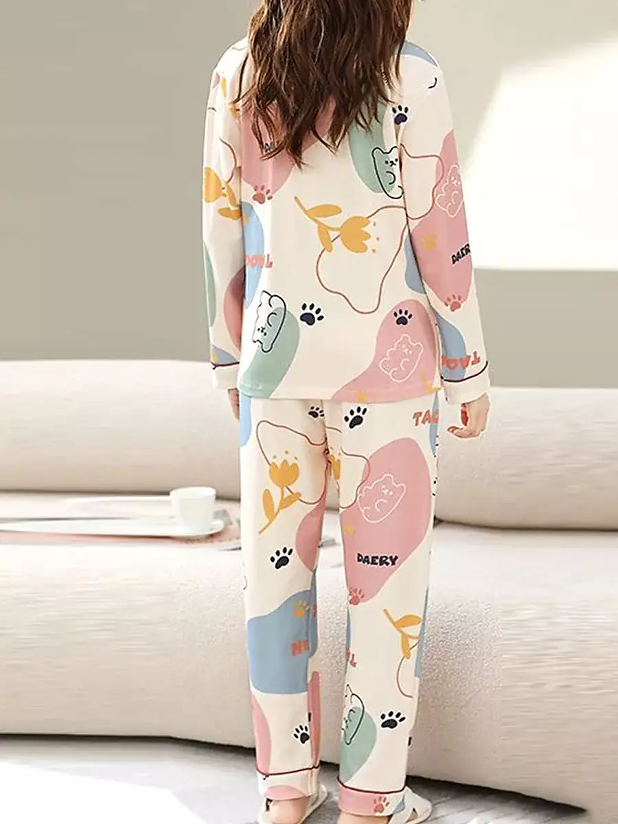 Heart Print Bear Women's Pajama Set with Lapel Shirt