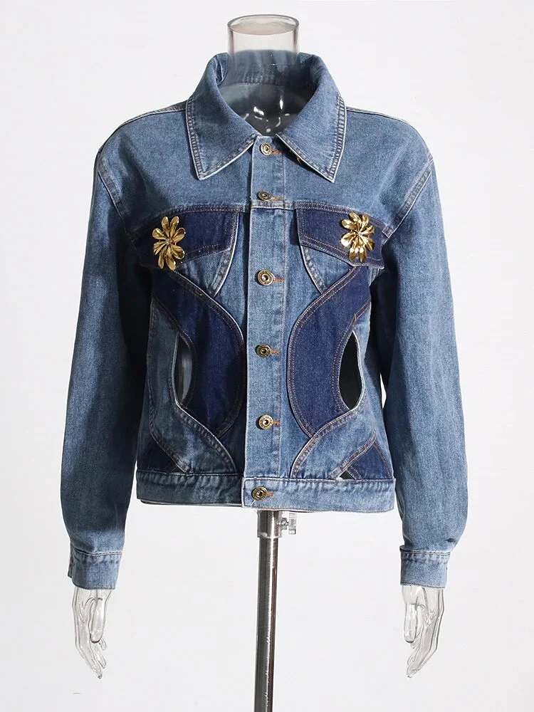 Hollow Out Twist Denim Jackets For Women Denim Jacket Female Fashion Clothing New