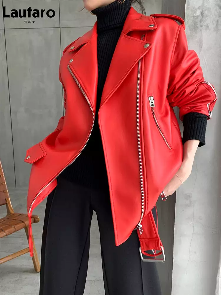 Lautaro Autumn Womens Leather Motorcycle Biker Jacket Zipper Long Sleeve Loose Red Black Soft Faux Leather Jacket for Women 2021