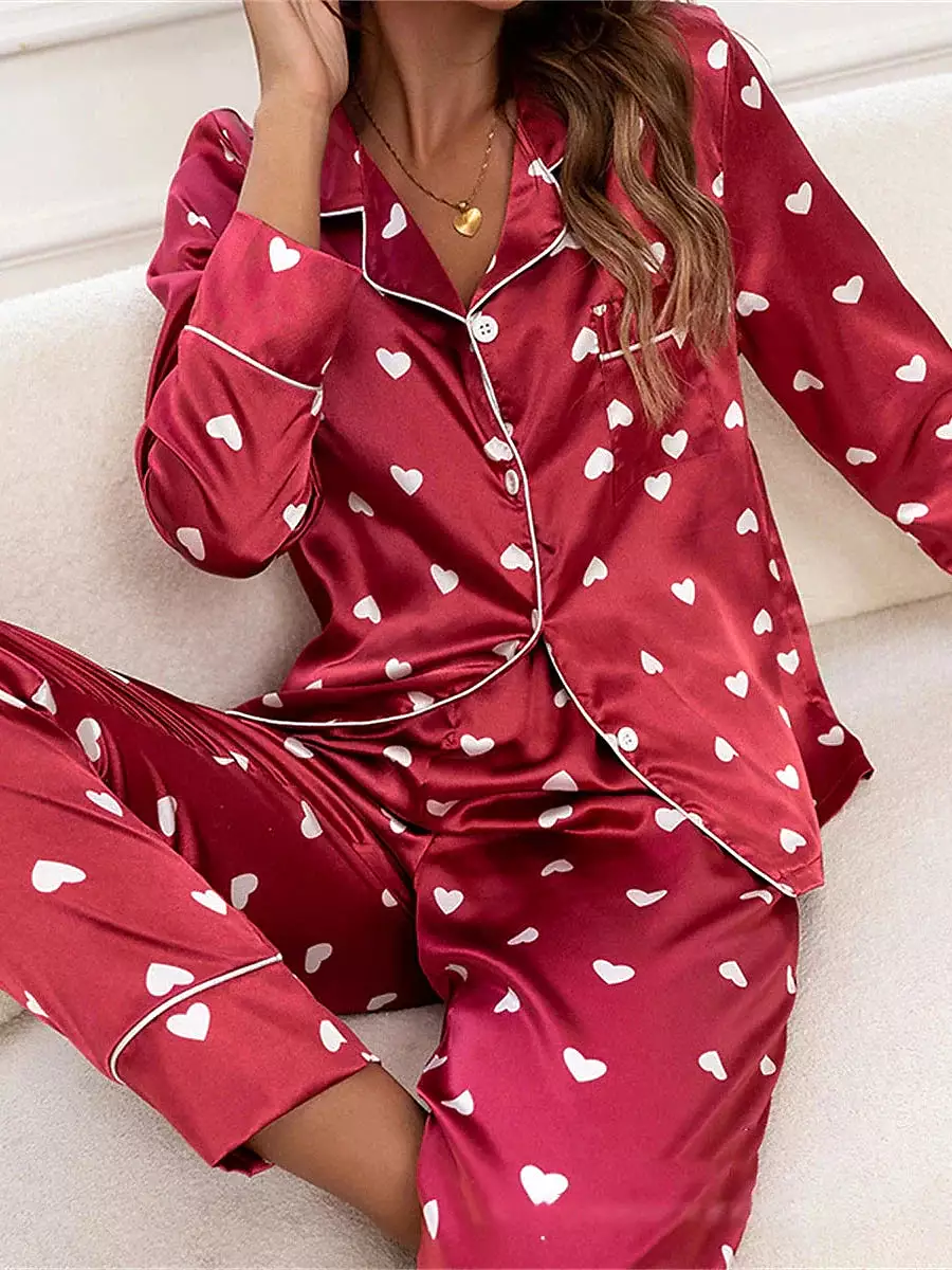 Leopard Heart Silk Pajama Set with Lapel Shirt for Women