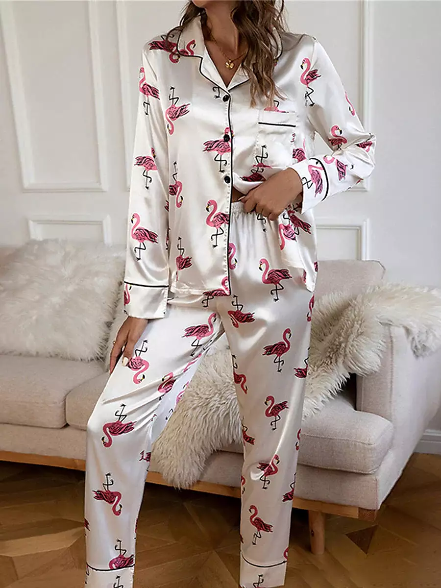 Leopard Heart Silk Pajama Set with Lapel Shirt for Women