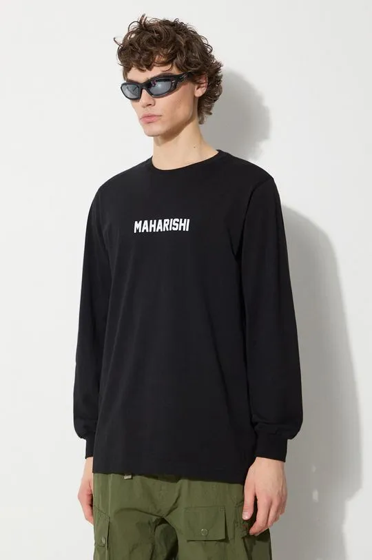 Maharishi cotton longsleeve top Woodblock Dragon black color with a print 1277.BLACK