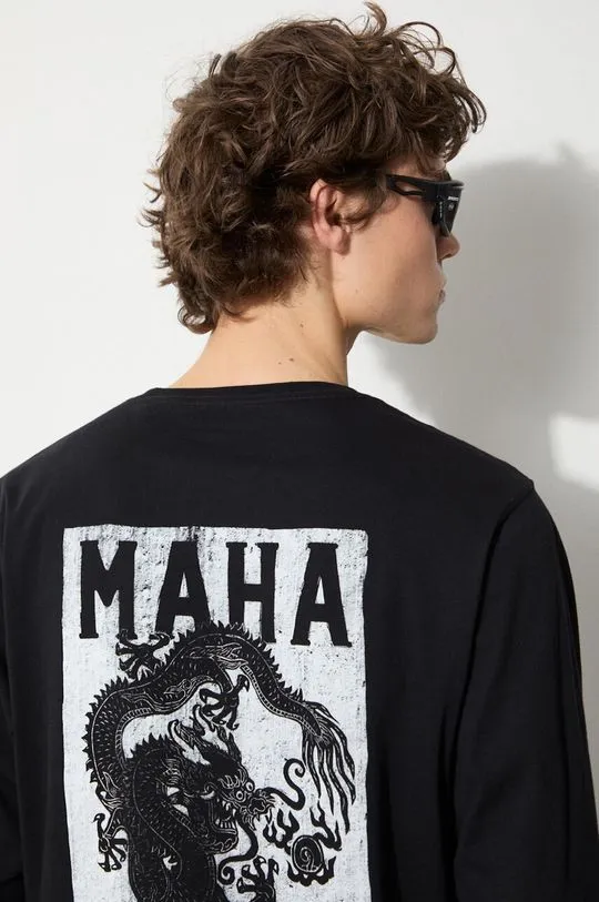 Maharishi cotton longsleeve top Woodblock Dragon black color with a print 1277.BLACK