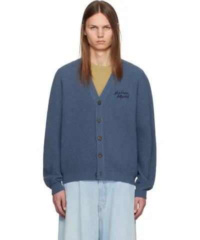 Maison Kitsune Blue 'Maison Kitsuné' Handwriting Cardigan