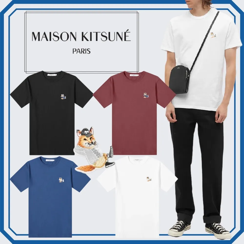 MAISON KITSUNE  |U-Neck Plain Other Animal Patterns Cotton Short Sleeves Logo