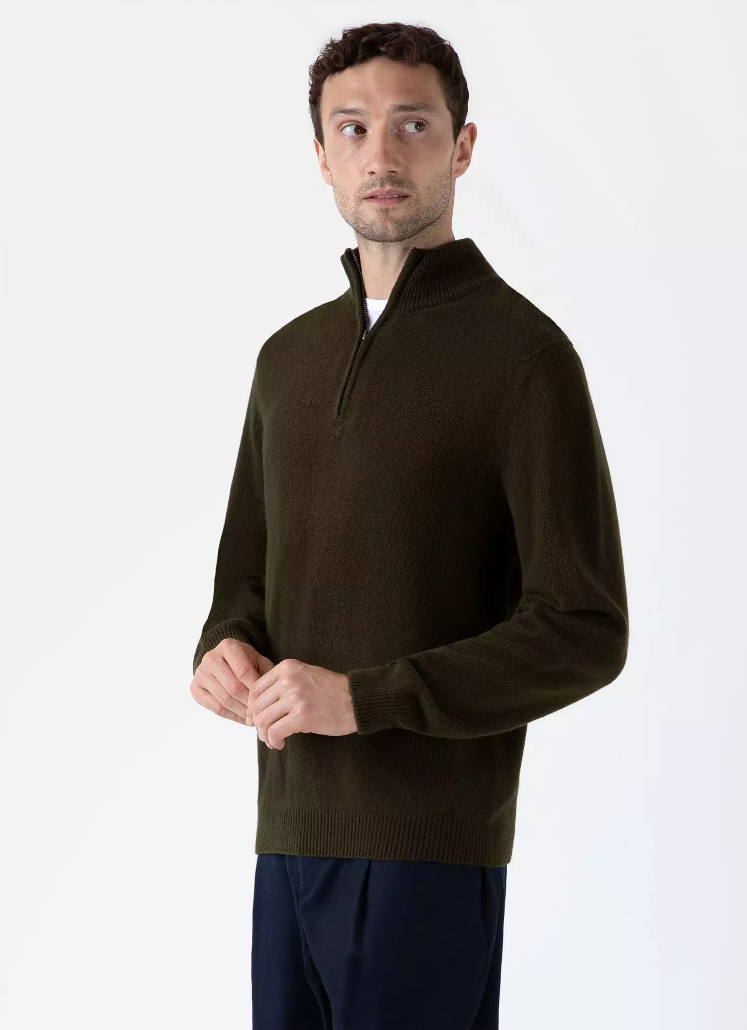 Men's Lambswool Half Zip Jumper in Dark Olive