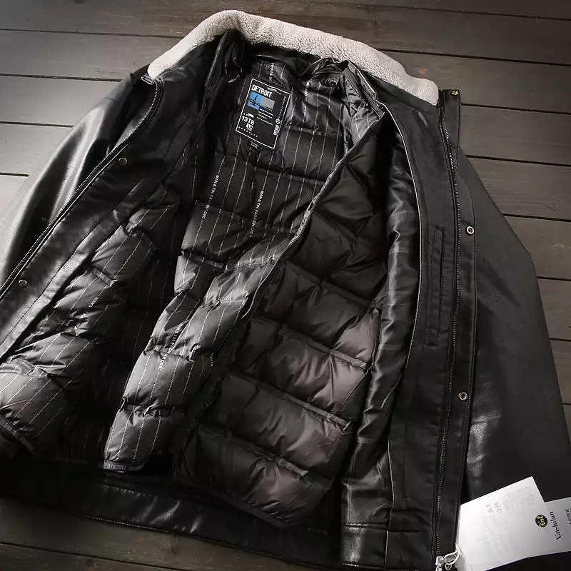 Mens Large size Detachable liner men's autumn and winter down cotton 2 in 1 leather jacket